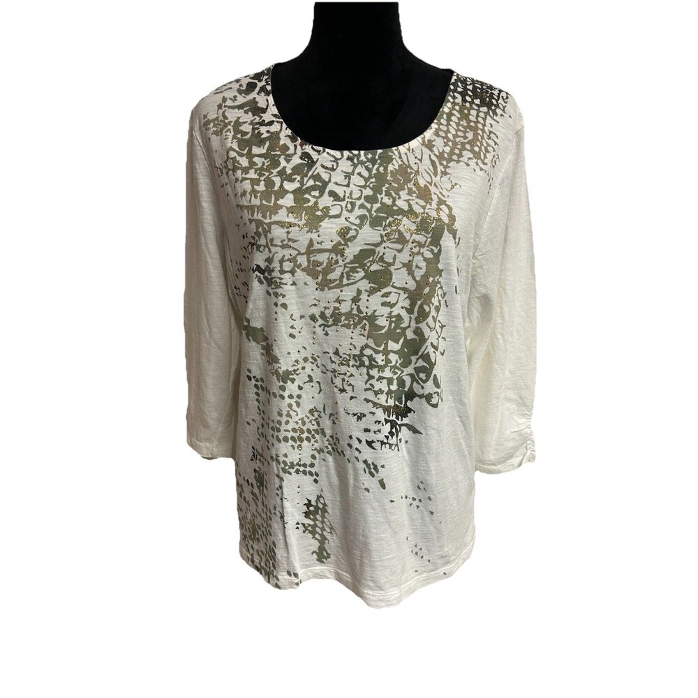 Chicos Zenergy Size 3 Top White Olive Green Metallic Gold Print 3/4 Sleeves